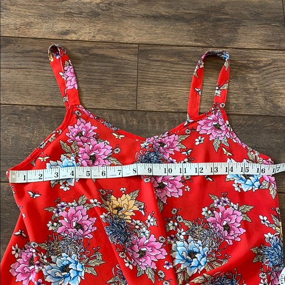 NWOT Pink Rose M Red Floral Rouched Tank Top - Picture 2 of 7